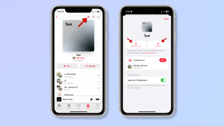 The first screenshot shows a new playlist on the iPhone Music app with a red arrow pointing at the Collaborate button. The second screenshot shows the collaboration options for the playlist, with red arrows pointing at the Share Invite Link and QR code buttons.