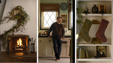 three images: a fireplace with a whimsical garland branch climbing up the side, a man standing in a kitchen, and two stockings hanging from a bookcase