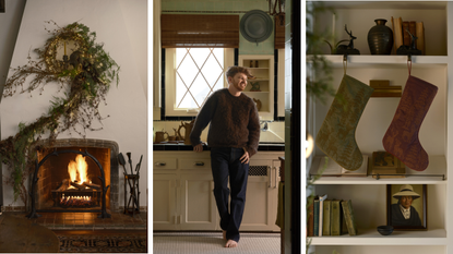 three images: a fireplace with a whimsical garland branch climbing up the side, a man standing in a kitchen, and two stockings hanging from a bookcase