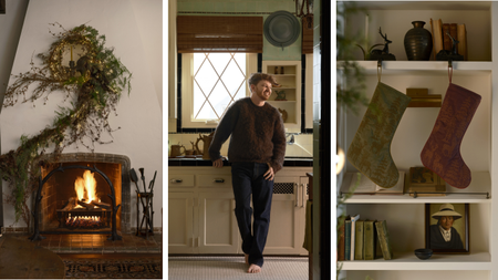 three images: a fireplace with a whimsical garland branch climbing up the side, a man standing in a kitchen, and two stockings hanging from a bookcase