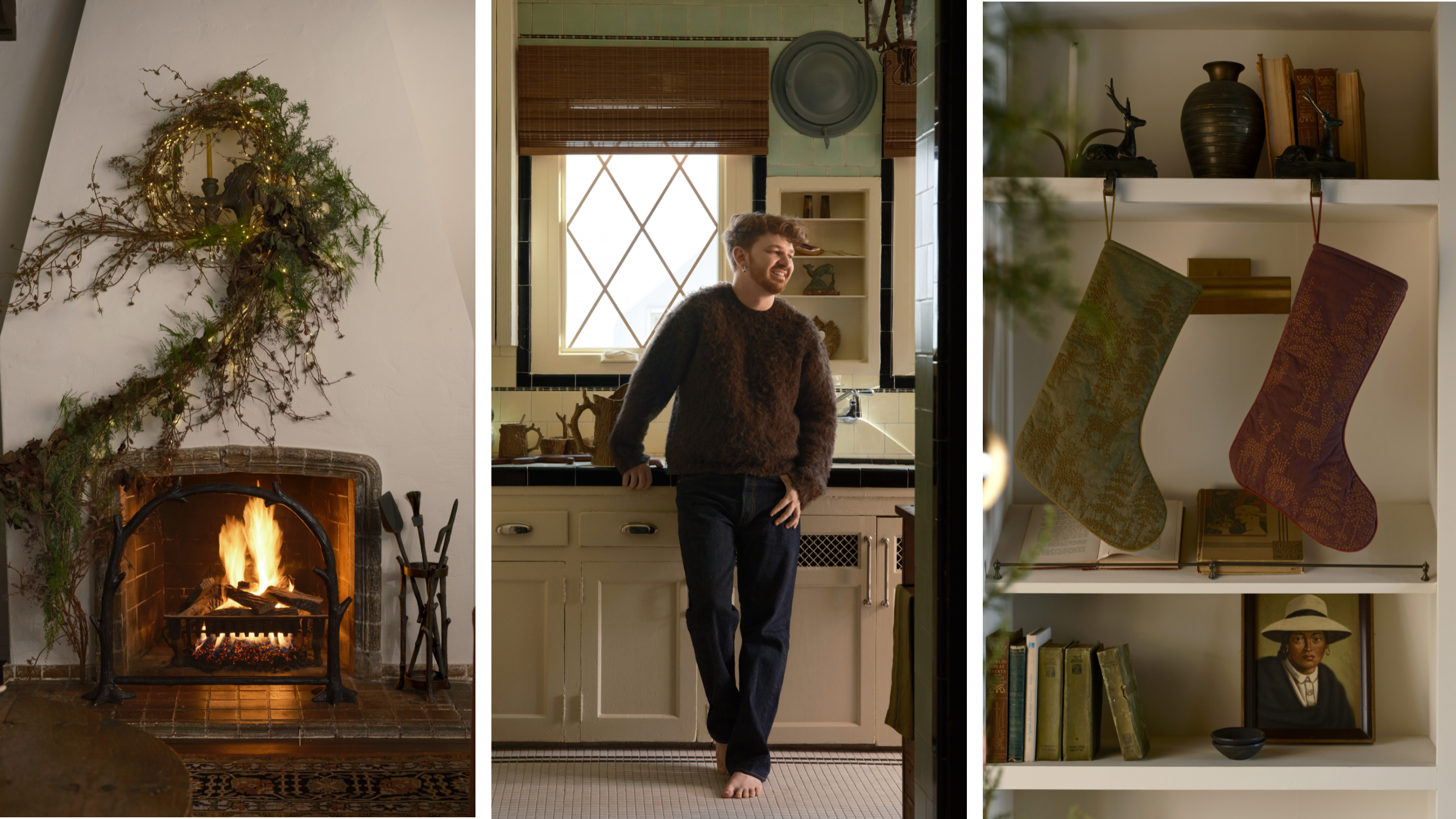 three images: a fireplace with a whimsical garland branch climbing up the side, a man standing in a kitchen, and two stockings hanging from a bookcase