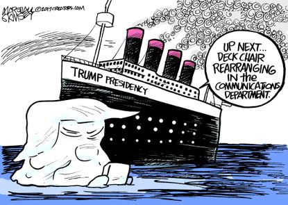 Political cartoon U.S. Trump communications press conferences Titanic