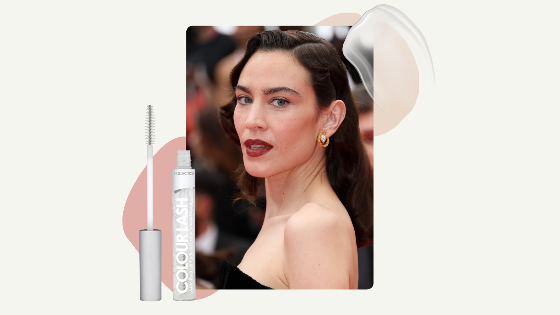 Alexa Chung is pictured with sleek hair and a dark burgundy lipstick look whilst attending the &quot;Nouvelle Vague&quot; (New Wave) red carpet at the 78th annual Cannes Film Festival at Palais des Festivals on May 17, 2025 in Cannes, France, alongside a product shot of Boots&#039; Collection Clear Mascara/ on a cream template with a clear gel swatch