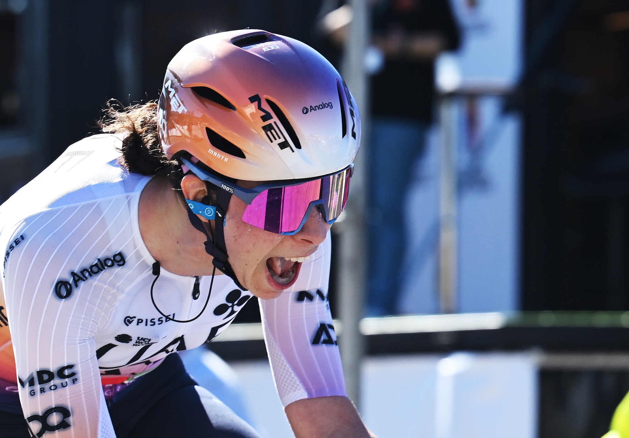 TABERNAS, SPAIN - FEBRUARY 22: Federica Venturelli of Italy and UAE Team ADQ celebrates at finish line as race winner during the 4th Clasica de Almeria Women's Elite 2026 a 118.8km one day race from Almeria to Tabernas on February 22, 2026 in Almeria, Spain. (Photo by Antonio Baixauli/Getty Images)
