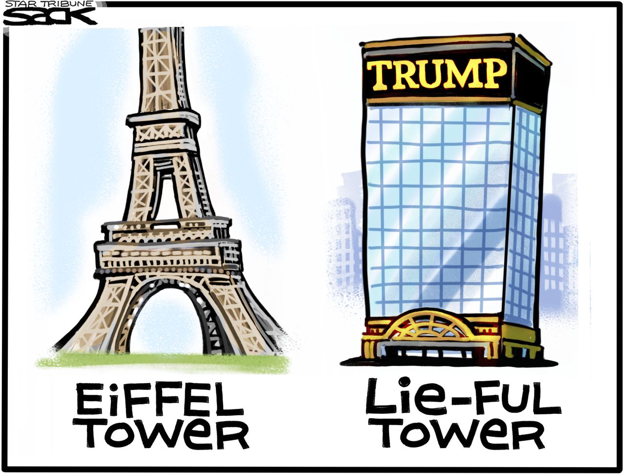 Political cartoon U.S. Trump Eiffel Tower Trump Tower lies