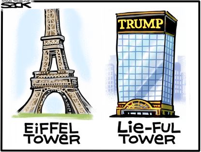Political cartoon U.S. Trump Eiffel Tower Trump Tower lies