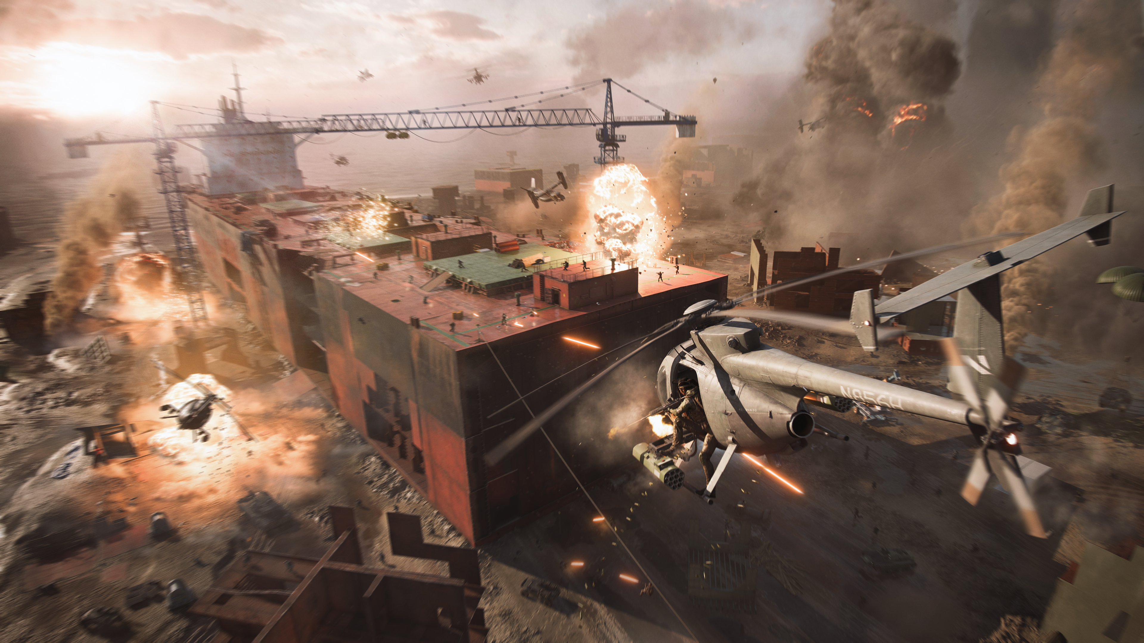 Battlefield 2042 a helicopter swoops in on an explosive scene