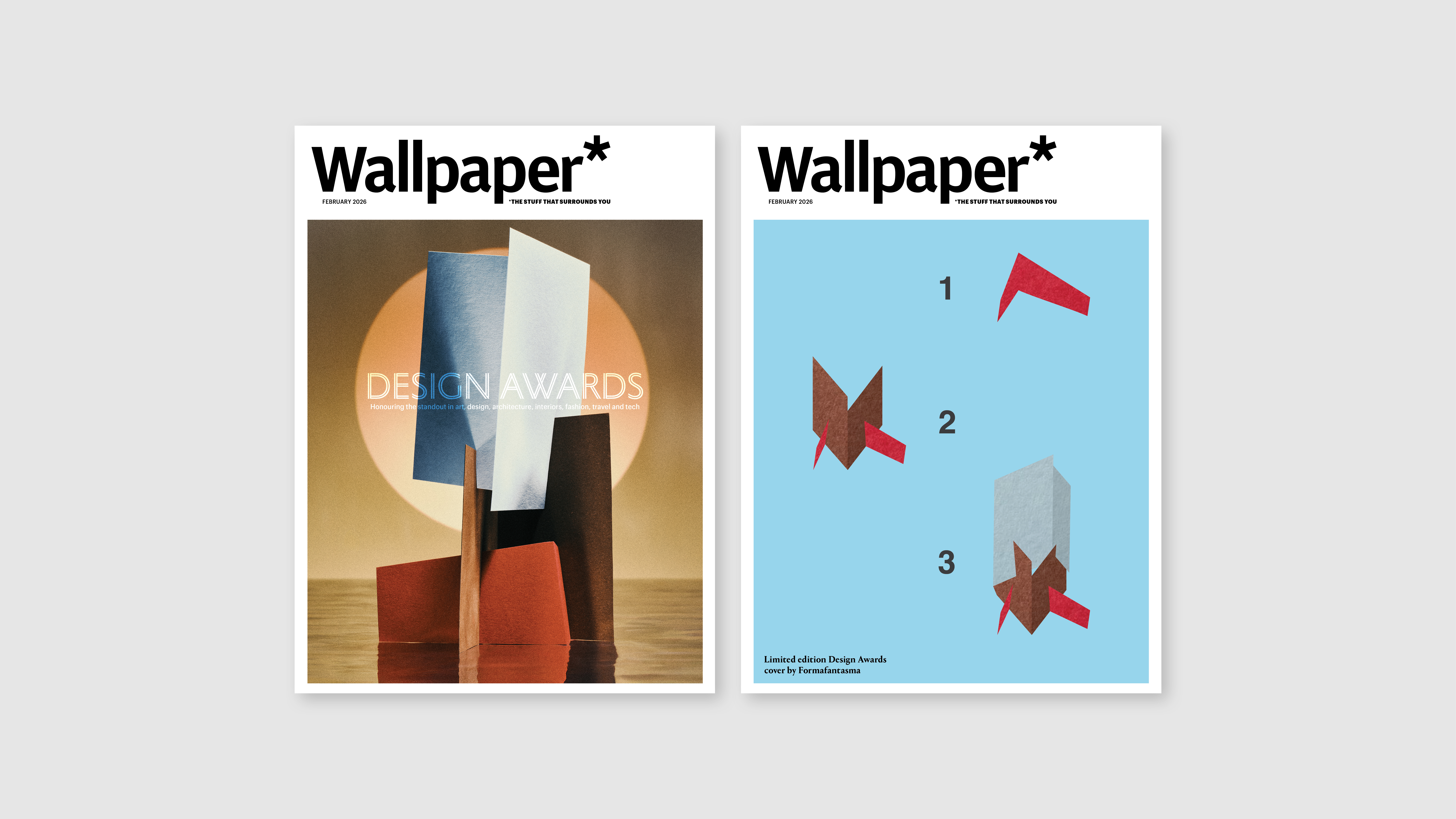 Newsstand and limited edition covers of Wallpaper* Design Awards 2026 issue, featuring a paper trophy and instructions to assemble it, respectively, by Formafantasma