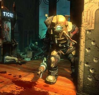 BioShock is developed by Irrational Games and published by 2K Games. The game takes place in Rapture, an underwater city, where some adversaries where atmospheric diving suits (ADSs).