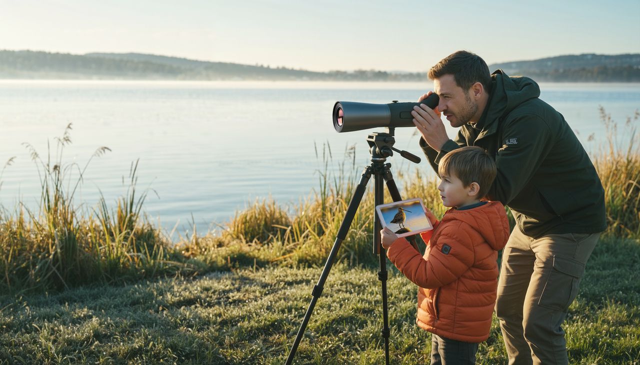 Man and child looking into an AI-powered spotting scope by the side of a lake, identifying a distant bird
