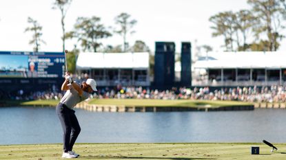 Tommy Fleetwood playing the 17th at TPC Sawgrass at The Players Championship