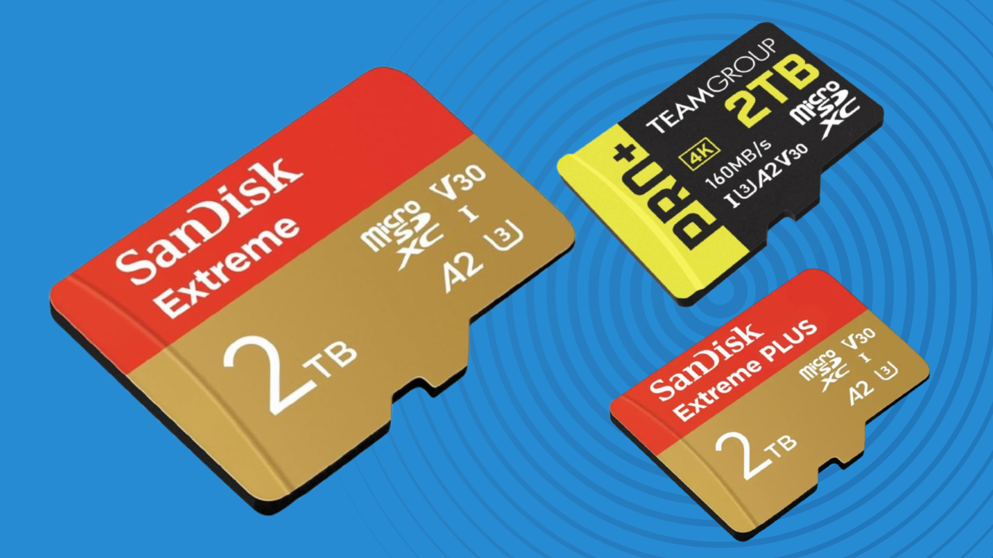 Two SanDisk microSD cards and a TeamGroup card against a blue TechRadar-branded background