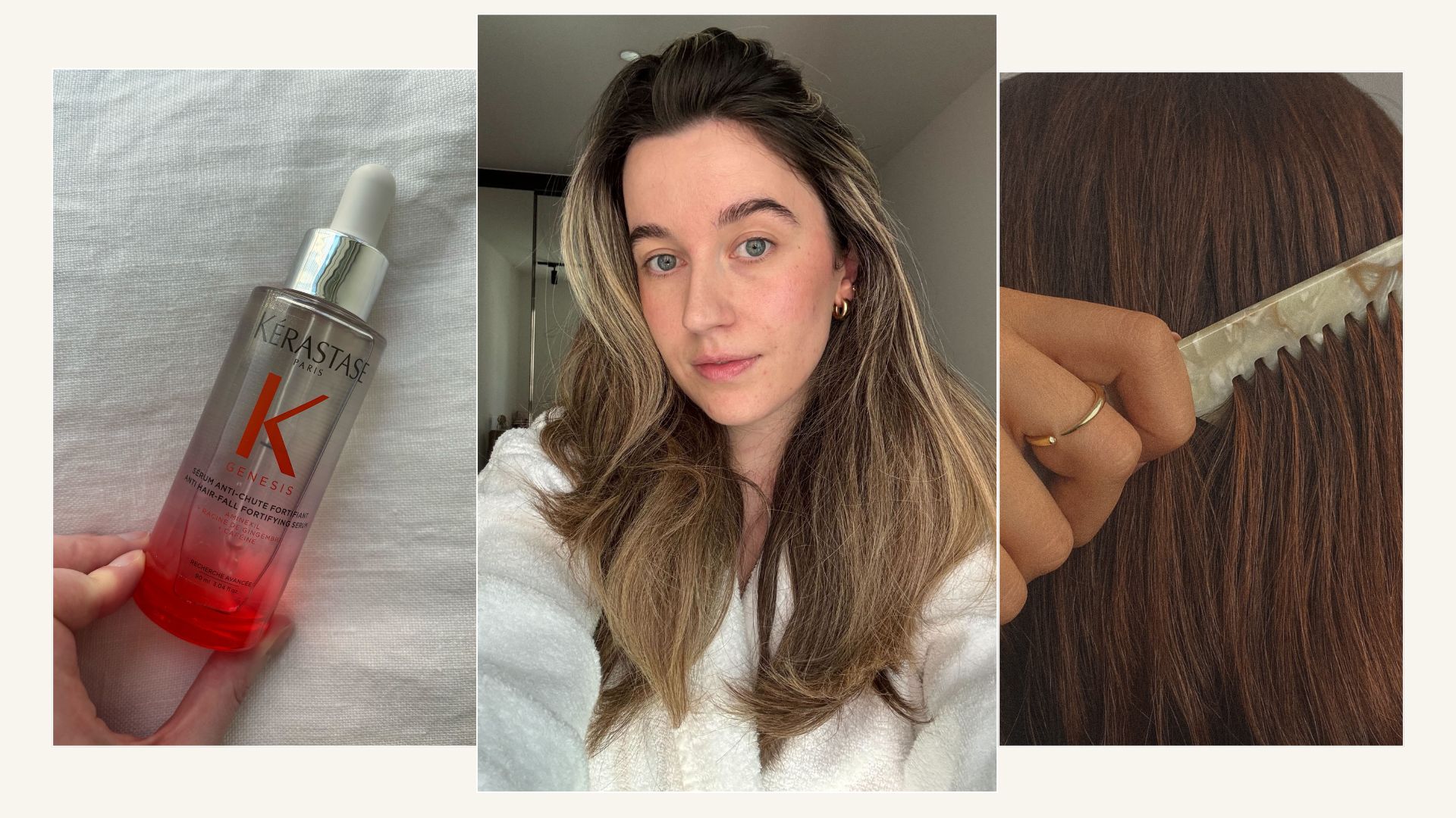 A picture of the K&eacute;rastase Genesis Anti-Hair Fall Nourishing and Fortifying Hair Serum, deputy beauty editor Grace Lindsay with voluminous hair and creator @deborabrosa combing her hair