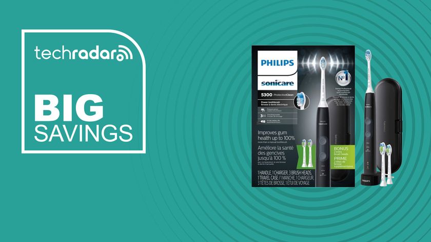 The Philips Sonicare ProtectiveClean 5300 toothbrush on a blue background with text saying Big Savings.