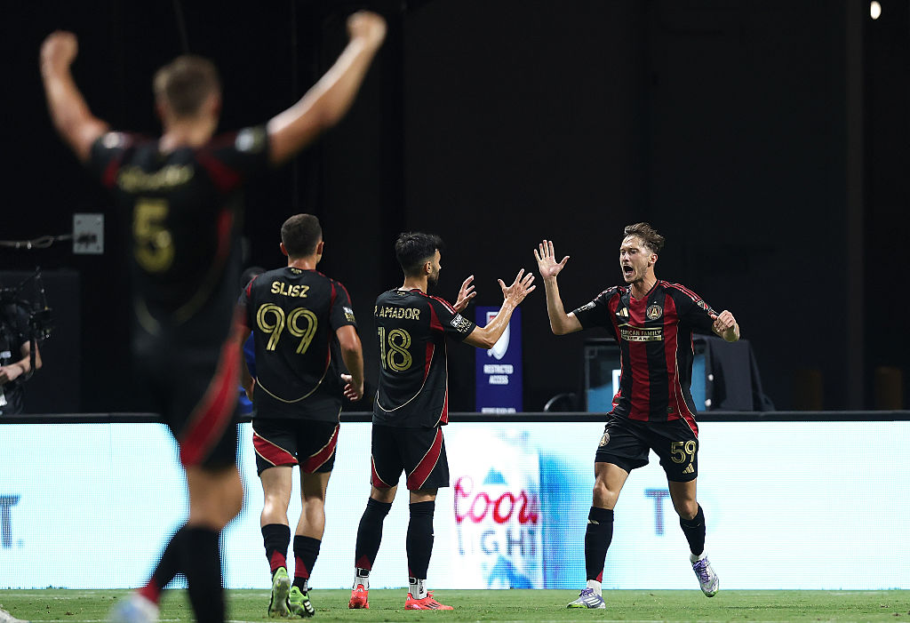 Alexey Miranchuk #59 of Atlanta United reacts after scoring the team&#039;s first goal against Necaxa during the first half of the Leagues Cup Phase One match between Club Necaxa and Atlanta United FC at Mercedes-Benz Stadium on July 30, 2025 in Atlanta, Georgia.