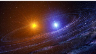 illustration of a yellow star and a blue star circling close to each other