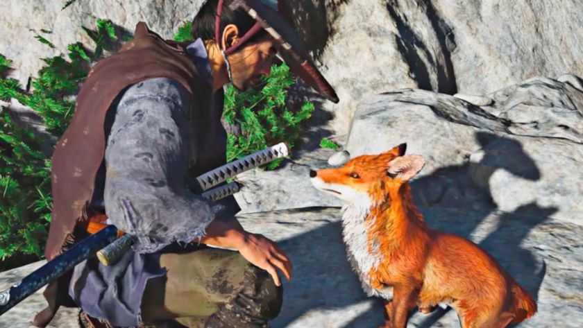 Ghost of Tsushima screenshot of Jin interacting with a fox