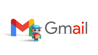 Gmail logo with the letters "AI" highlighted, a small robot stands nearby