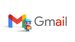 Gmail logo with the letters &quot;AI&quot; highlighted, a small robot stands nearby