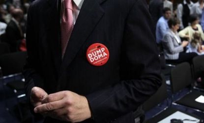 A man wears a "Dump DOMA" pin during a Senate panel hearing last year: A federal appeals court in Boston finally did dump the Defense of Marriage Act on Thursday.