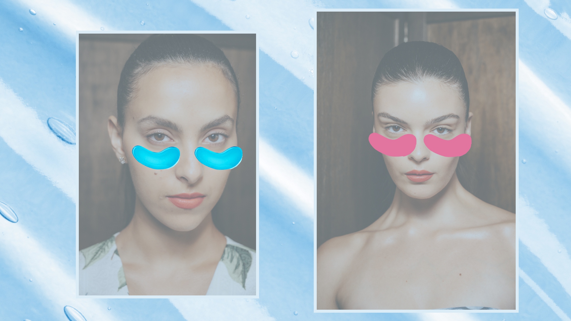 blue gel background with two models wearing different color under eye patches