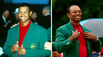 Tiger Woods after winning the 1997 Masters (left) and after winning the 2019 Masters (right)