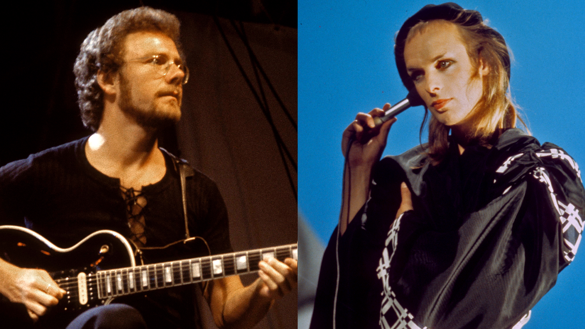 LEFT: Robert Fripp performing live on stage, playing Gibson Les Paul guitar, Schaefer Music Festival, Central Park, New York, 25th June 1973. RIGHT: BRIAN ENO on Dutch TV show Toppop in 1974 