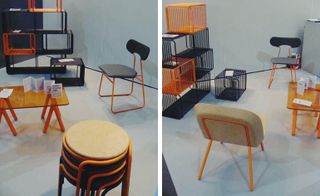 Two images of chairs, tables and stacking storage containers in black and orange.