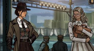 Gia (left) and another character from Aether & Iron, dressed in 1930s clothing with an urban backdrop