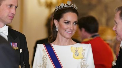Kate Middleton made a statement with her accessories at a State Banquet on 21 November. Seen here are Prince William and Catherine, Princess of Wales at this State Banquet 