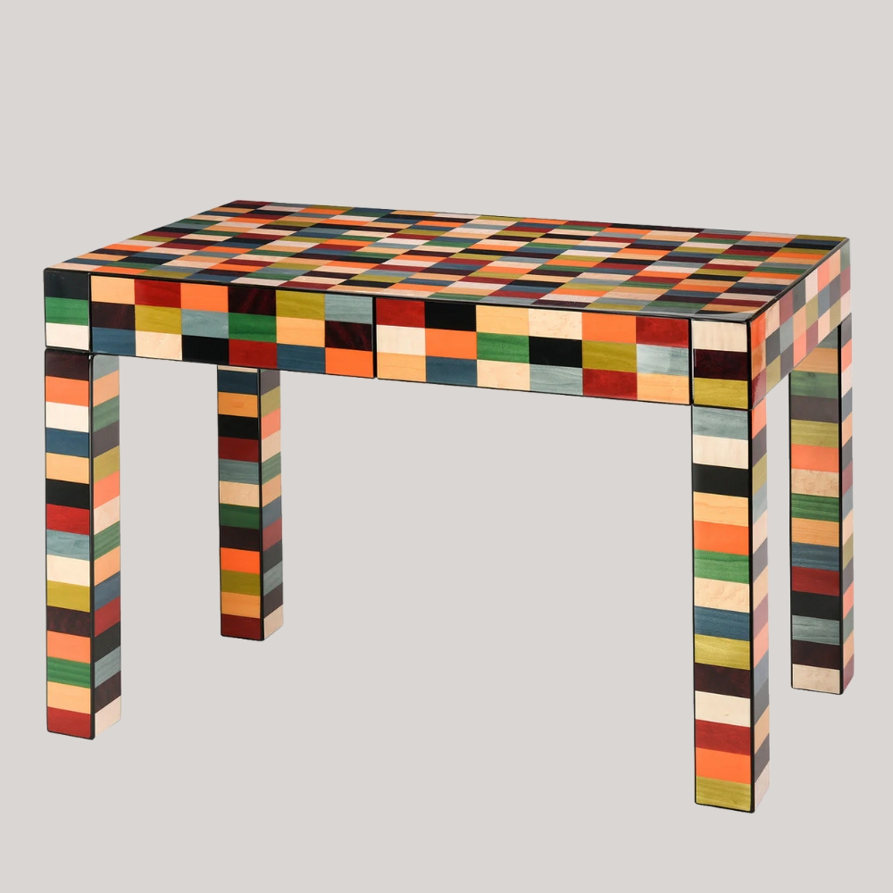 Morici Morici Scrivania Venezia Rialto checkered dining table against pale grey background.