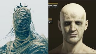 A portrait of Elden Ring character Hornsent next to a portrait of his face without the mask