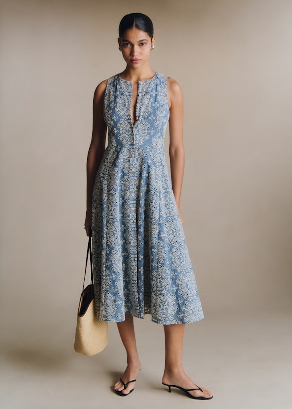 Annaluisa Dress - Contrasted Embroidery Ecru Vintage Blue - Organic Cotton - Textile Made From Organic Fibers - S&amp;eacute;zane
