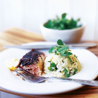 Grilled Salmon with Sumac, and a Baby Courgette, Mint and Pea Risotto