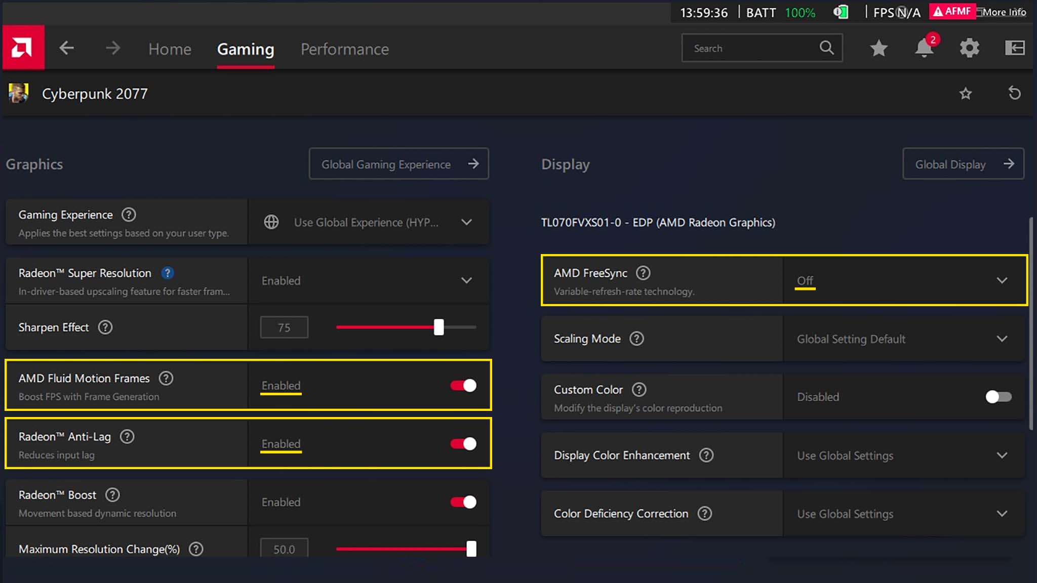 ROG Ally AFMF settings: Adjust game settings in AMD Software.