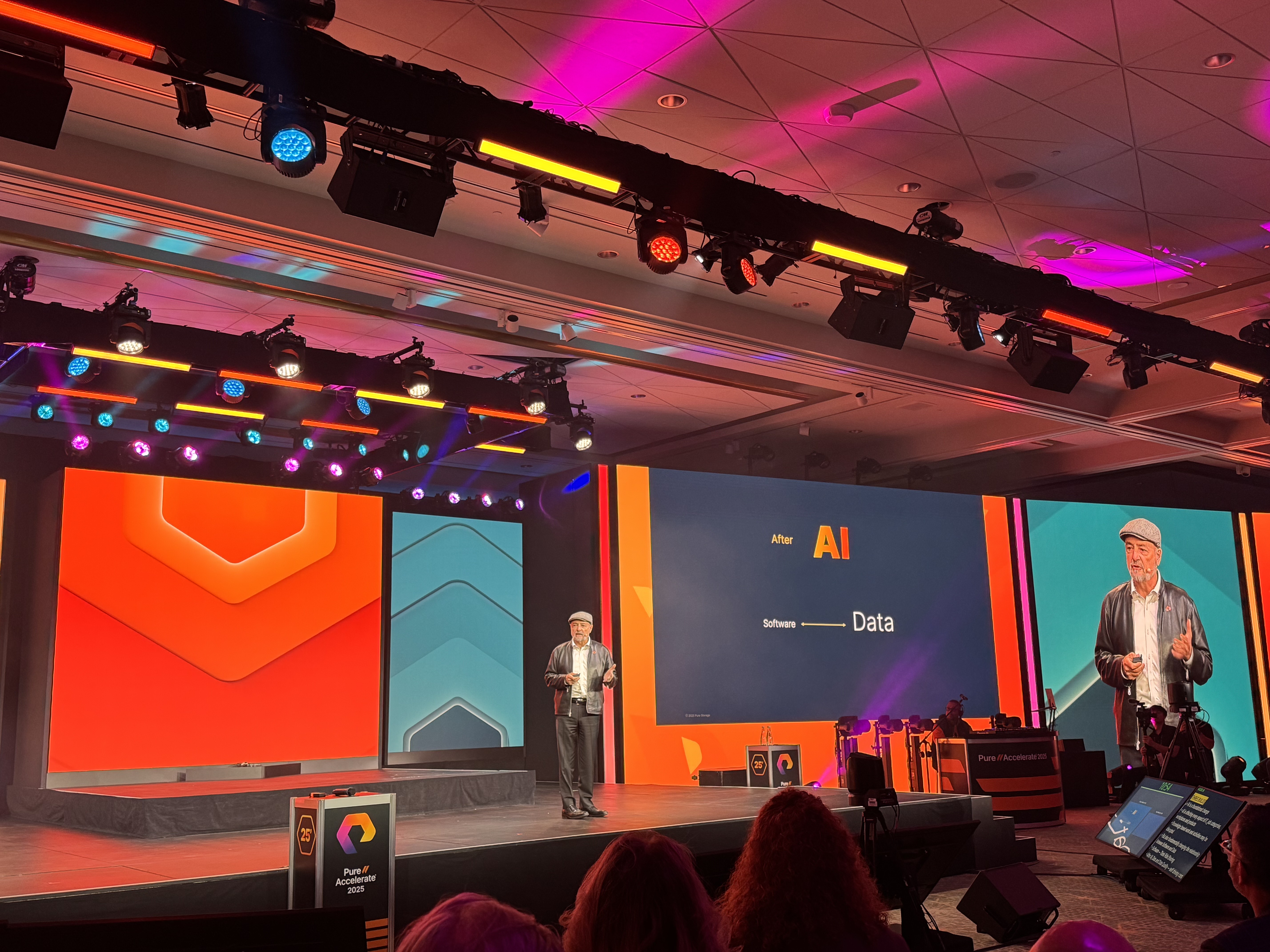 Pure Storage CEO Charlie Giancarlo speaking on stage at Pure Accelerate 2025.