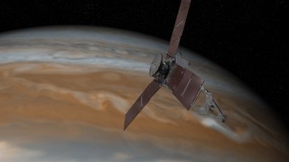 An artist's rendering of the Juno spacecraft over Jupiter