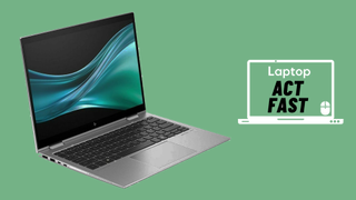 An HP x360 laptop floating on a green background next to an illustration of a laptop that has "Act Fast" on its monitor.