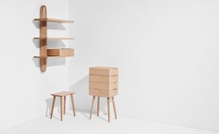 Wooden shelving and stool and table