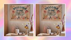 A welcoming wall tapestry image on pink graphic background