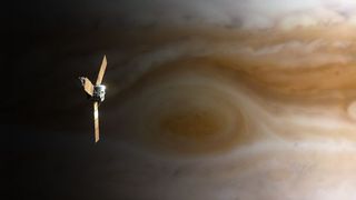 Juno spacecraft over Jupiter's great red spot. Jupiter is a gas giant, but could a spacecraft pass through a gas planet? 