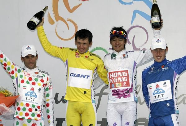 Stage 4 jersey holders (l-r): Ghader Mizbani Iranagh, mountains leader; Muradjan Halmuratov, overall leader; Kam Po Wong, Greater China leader; Boris Shpilevski, points leader