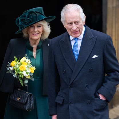 King Charles III and Queen Camilla attend the Easter Service at Windsor Castle on March 31, 2024 in Windsor, England. 