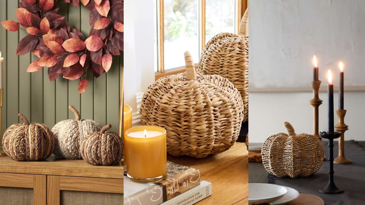 three images of twine/woven decorative pumpkins display along tablescapes