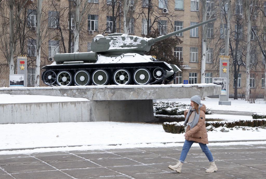 Woman walking in Kyiv, Ukraine.