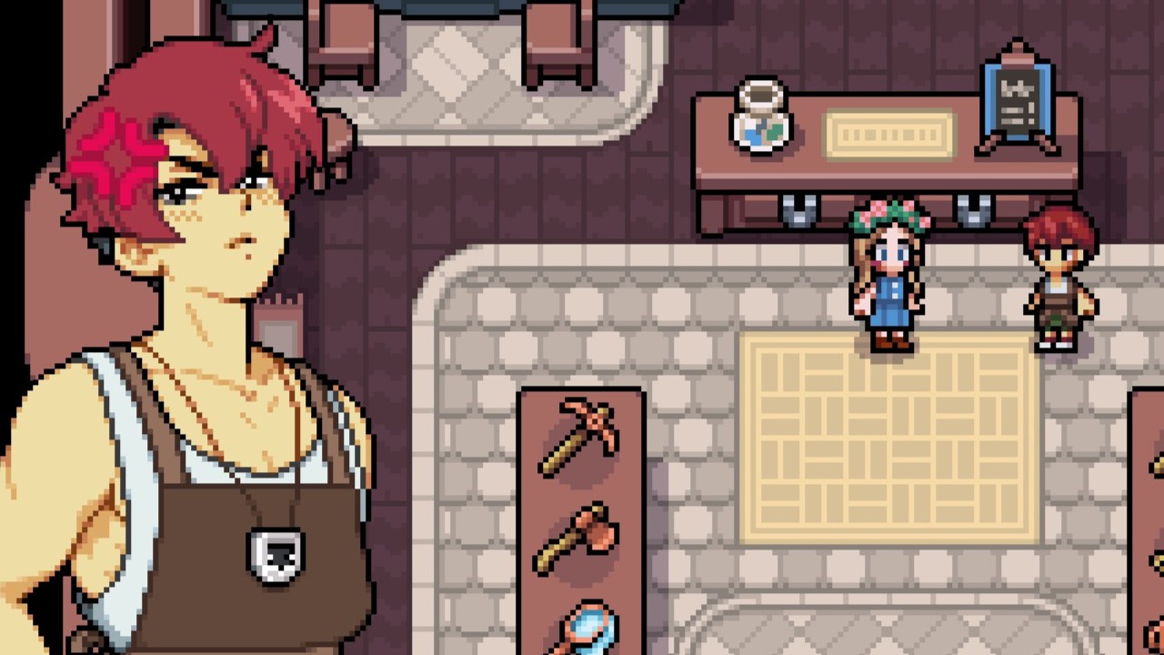 Fields of Mistria - March looks angry with the main character standing in the blacksmith