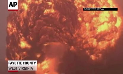 At least 15 oil tanker cars caught fire on Monday in West Virginia