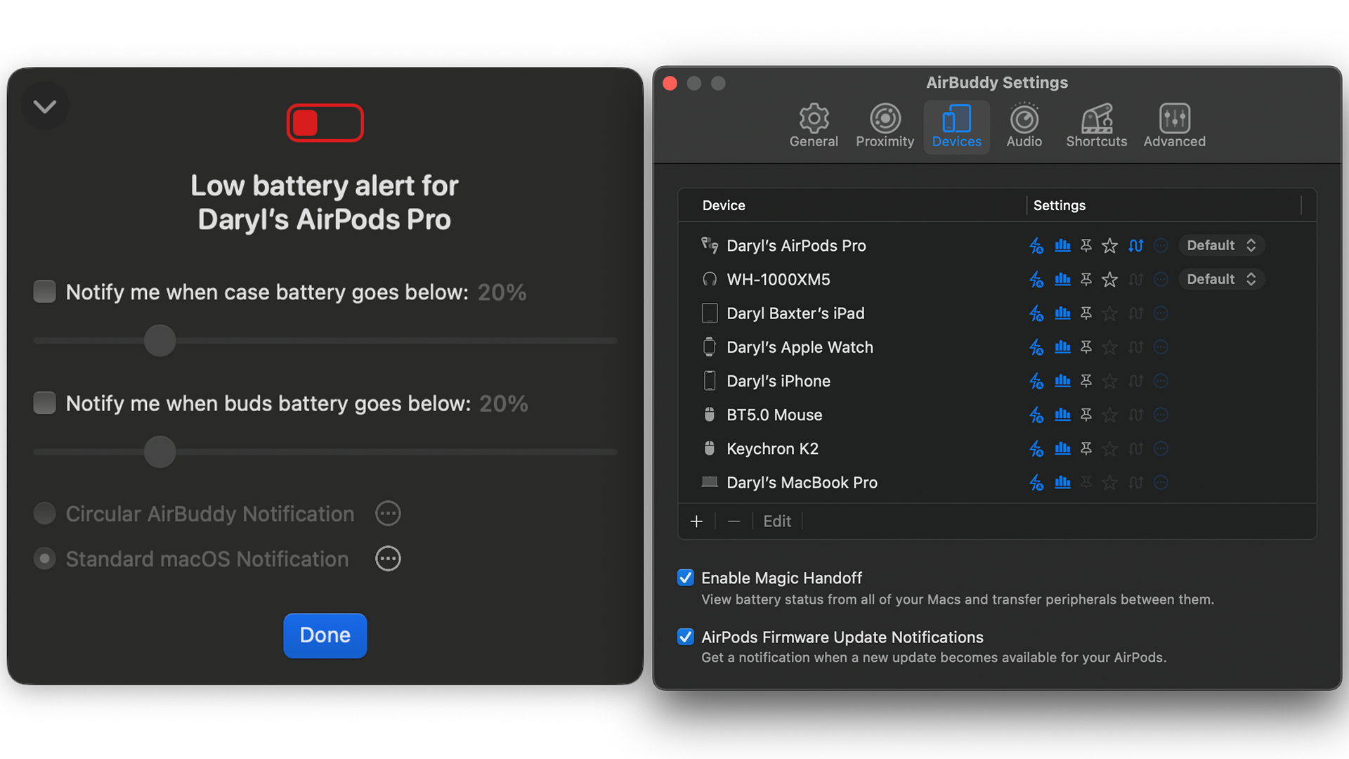 AirBuddy settings on a Mac