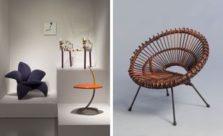 Left, exhibition view of postmodernist Japanese furniture and Right, rattan chair
