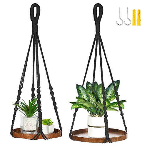 Shineloha 2 Pack Macrame Plant Hanger | Plant Hanger Indoor, Hanging Planter Shelf | Hanging Planter (black) (1 Large + 1 Medium)